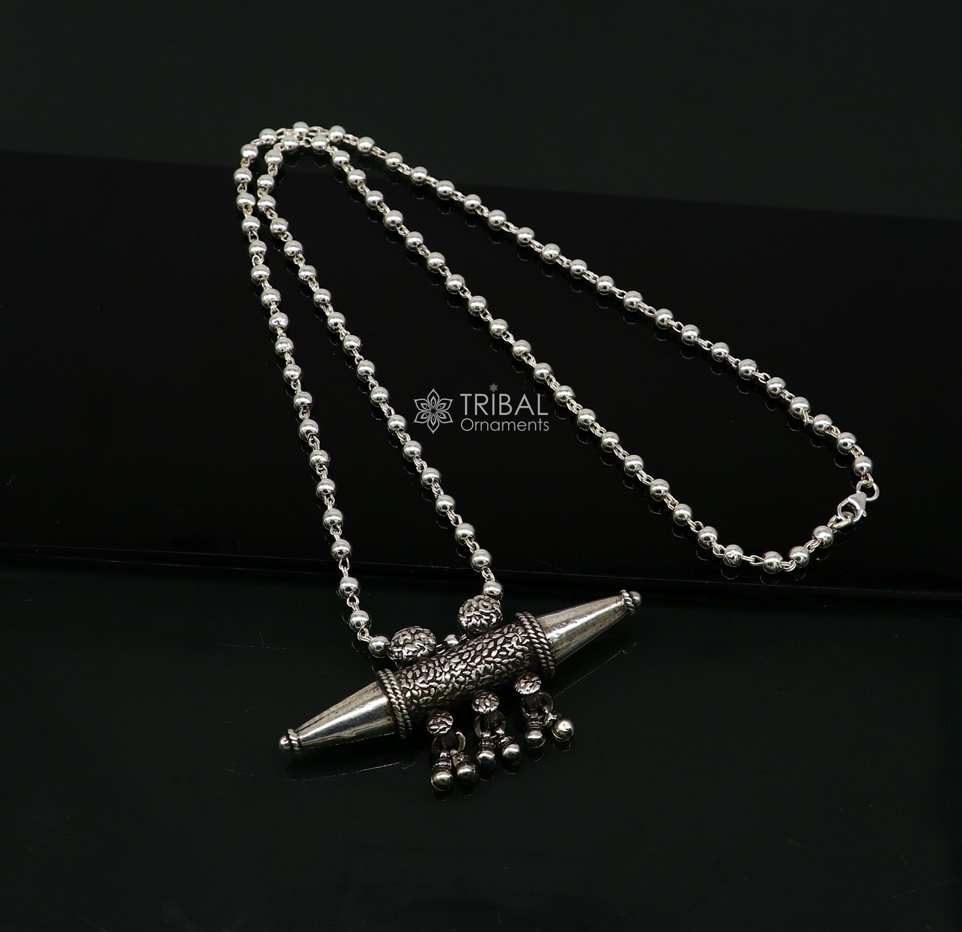 925 Sterling silver vintage tribal pendant necklace with hanging bells and ethnic design, handcrafted tribal jewelry from Rajasthan.