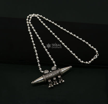 925 Sterling silver vintage tribal pendant necklace with hanging bells and ethnic design, handcrafted tribal jewelry from Rajasthan.
