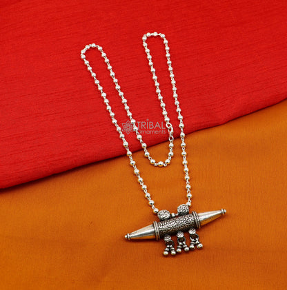 925 sterling silver vintage tribal pendant necklace with hanging bells, handcrafted ethnic jewelry from Rajasthan.