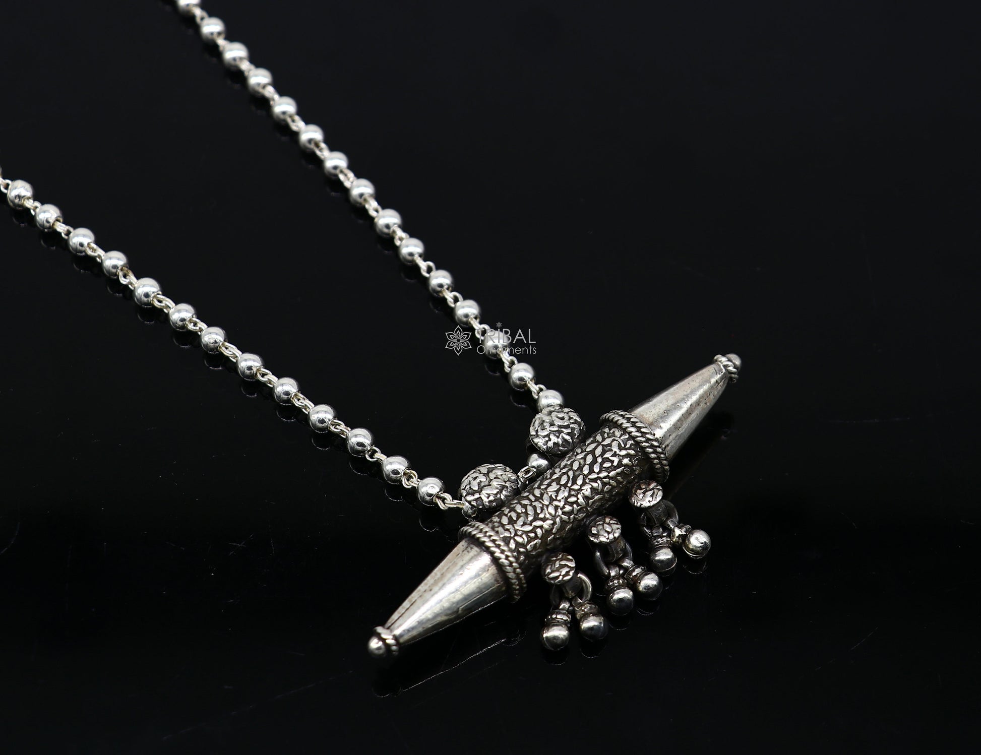 925 Sterling silver vintage pendant necklace with hanging bells, tribal ethnic design, handmade Rajasthan jewelry by TRIBAL ORNAMENTS