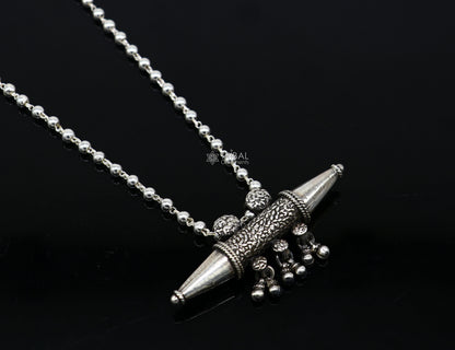 925 Sterling silver vintage pendant necklace with hanging bells, tribal ethnic design, handmade Rajasthan jewelry by TRIBAL ORNAMENTS