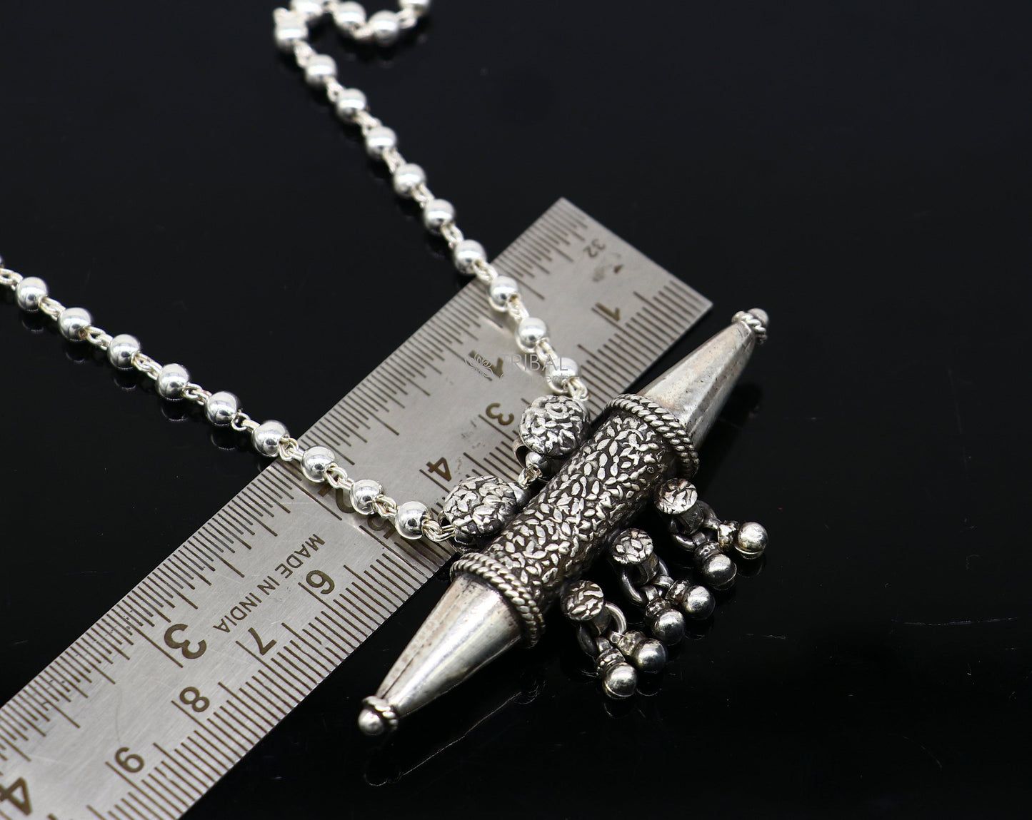 925 Sterling silver vintage tribal pendant necklace with hanging bells, featuring ethnic design and intricate craftsmanship from Rajasthan.