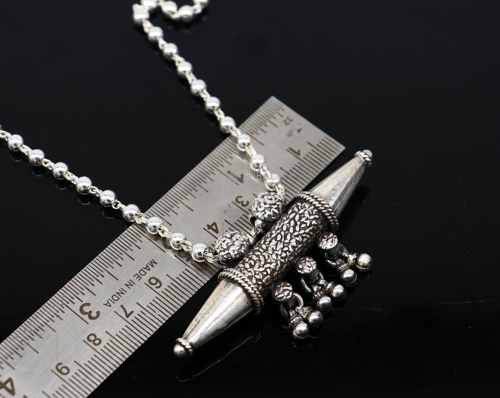 925 Sterling silver vintage tribal pendant necklace with hanging bells, featuring ethnic design and intricate craftsmanship from Rajasthan.