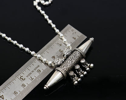925 Sterling silver vintage tribal pendant necklace with hanging bells, featuring ethnic design and intricate craftsmanship from Rajasthan.