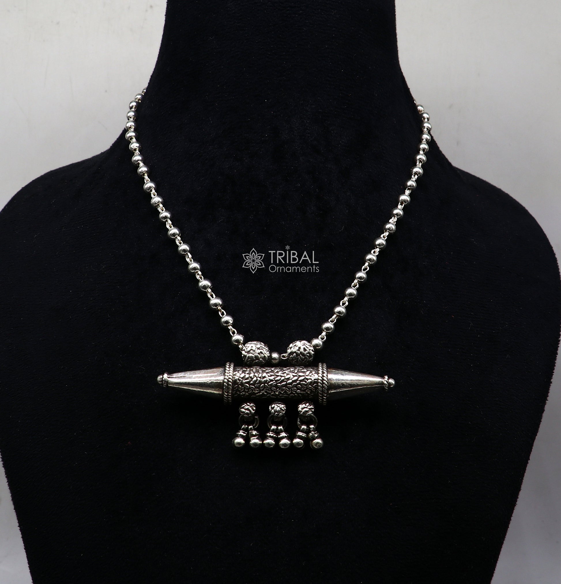 Sterling silver vintage tribal pendant necklace with hanging bells, handcrafted ethnic jewelry from Rajasthan by TRIBAL ORNAMENTS.