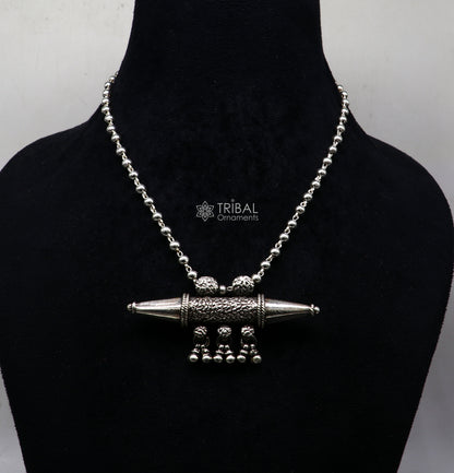 Sterling silver vintage tribal pendant necklace with hanging bells, handcrafted ethnic jewelry from Rajasthan by TRIBAL ORNAMENTS.