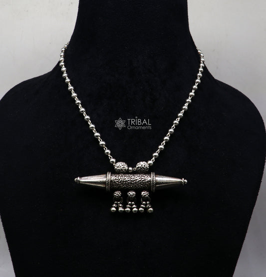 Sterling silver vintage tribal pendant necklace with hanging bells, handcrafted ethnic jewelry from Rajasthan by TRIBAL ORNAMENTS.