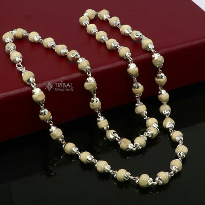 Sterling silver handmade basil rosary beads with wooden beads on a silver chain necklace, unisex tulsi mala jewelry from TRIBAL ORNAMENTS.