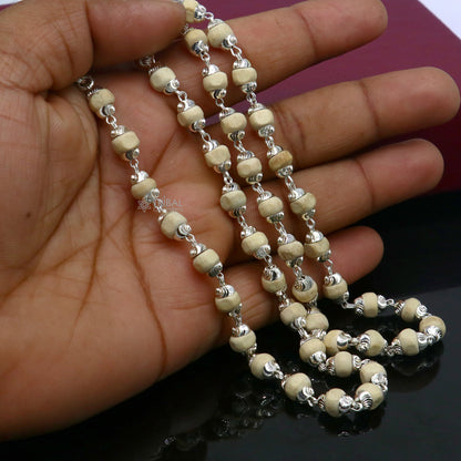 Sterling silver handmade wooden basil rosary beads on a silver chain necklace, unisex Tulsi mala jewelry, custom design by Tribal Ornaments.