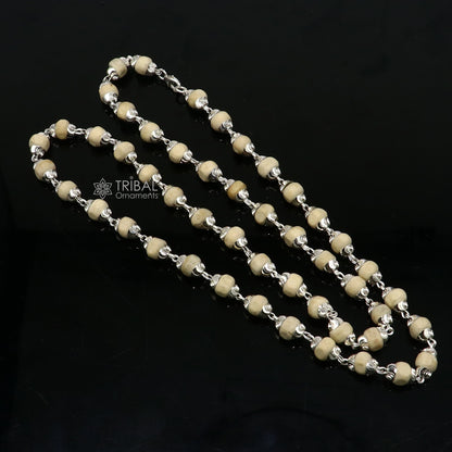 Sterling silver handmade basil rosary beads necklace with wooden beads and silver chain, unisex tulsi mala jewelry by TRIBAL ORNAMENTS.