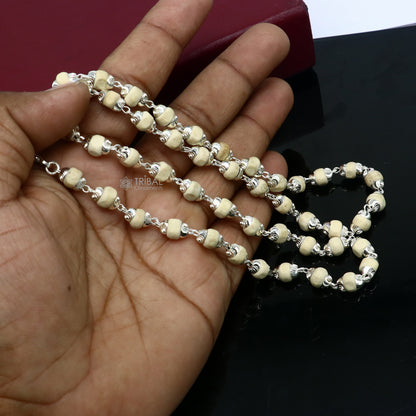 925 Sterling silver handmade wooden basil rosary beads on a silver chain necklace, unisex Tulsi mala jewelry by Tribal Ornaments.