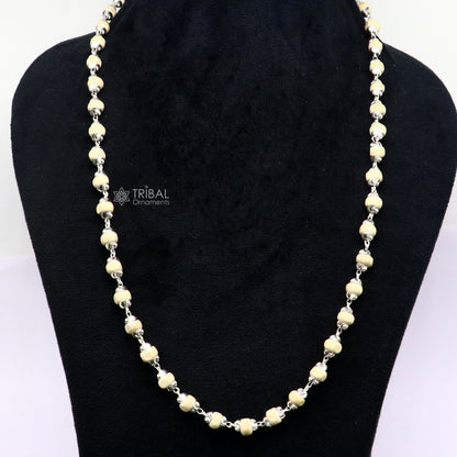 925 Sterling silver handmade wooden beads basil rosary beads silver chain necklace, unisex Tulsi mala jewelry by Tribal Ornaments