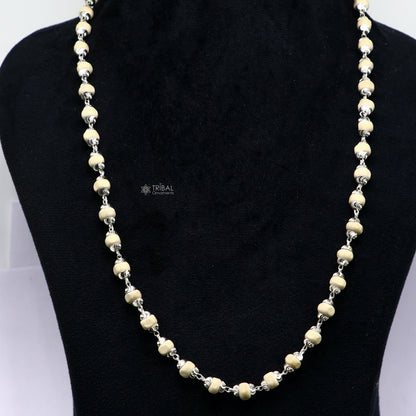Sterling silver handmade wooden beads basil rosary beads silver chain necklace, unisex tulsi mala jewelry by Tribal Ornaments.