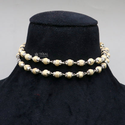 Sterling silver handmade wooden basil rosary beads on a silver chain necklace, unisex Tulsi mala jewelry by TRIBAL ORNAMENTS.