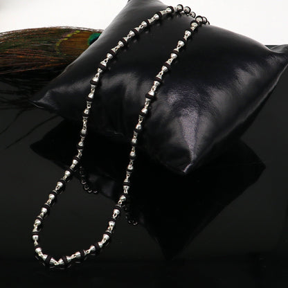 Basil Rosary Tulsi Bead Mala chain, 24 inches, 4mm width, pure sterling silver 92.5 with silver side cap and handmade knot.