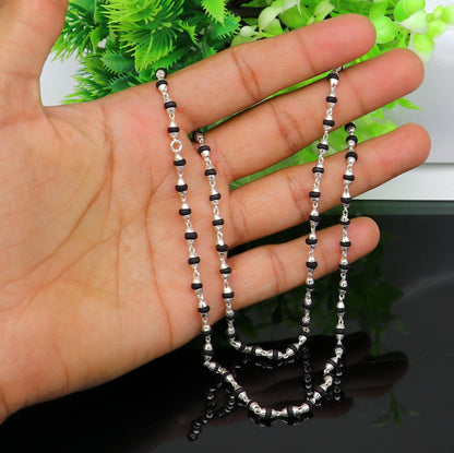 Basil Rosary Tulsi Bead Mala chain in pure sterling silver, 24 inches, 4mm beads with silver side caps and handmade knot.