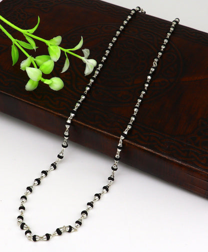 Basil Rosary Tulsi Bead Mala chain in 24-inch pure sterling silver with silver side caps and handmade knot, Tribal Ornaments.