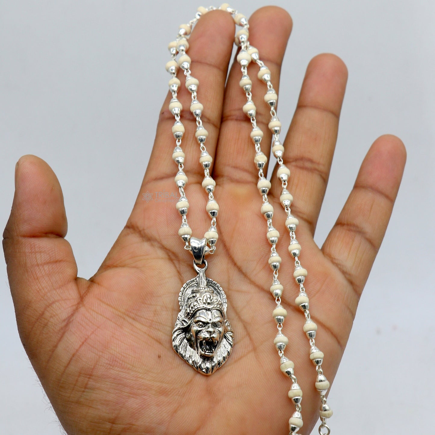925 Sterling silver Lord Vishnu/Narsimha pendant with basil rosary beads, tribal ornament design, black Tulsi accents.