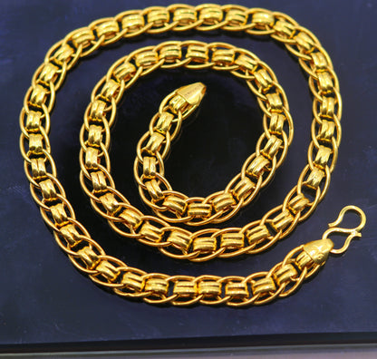 Certified 22K yellow gold handmade 7mm link chain necklace, 18-26 inches, unisex traditional Indian jewelry by Tribal Ornaments.