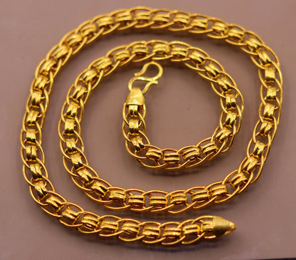 Certified 22K yellow gold handmade 7mm link chain necklace, unisex, 18 to 26 inches, traditional Indian jewelry by TRIBAL ORNAMENTS.