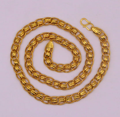Certified 22K yellow gold handmade 7mm link chain necklace, unisex, 18 to 26 inches, traditional Indian jewelry by Tribal Ornaments.