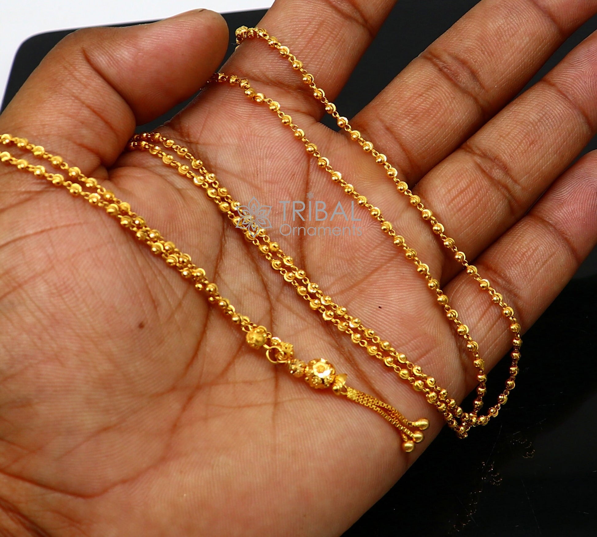 Certified hallmarked 22kt yellow gold beaded chain with solid ball pendant handmade chain girl's gift chain necklace delicate jewelry ch576 - TRIBAL ORNAMENTS