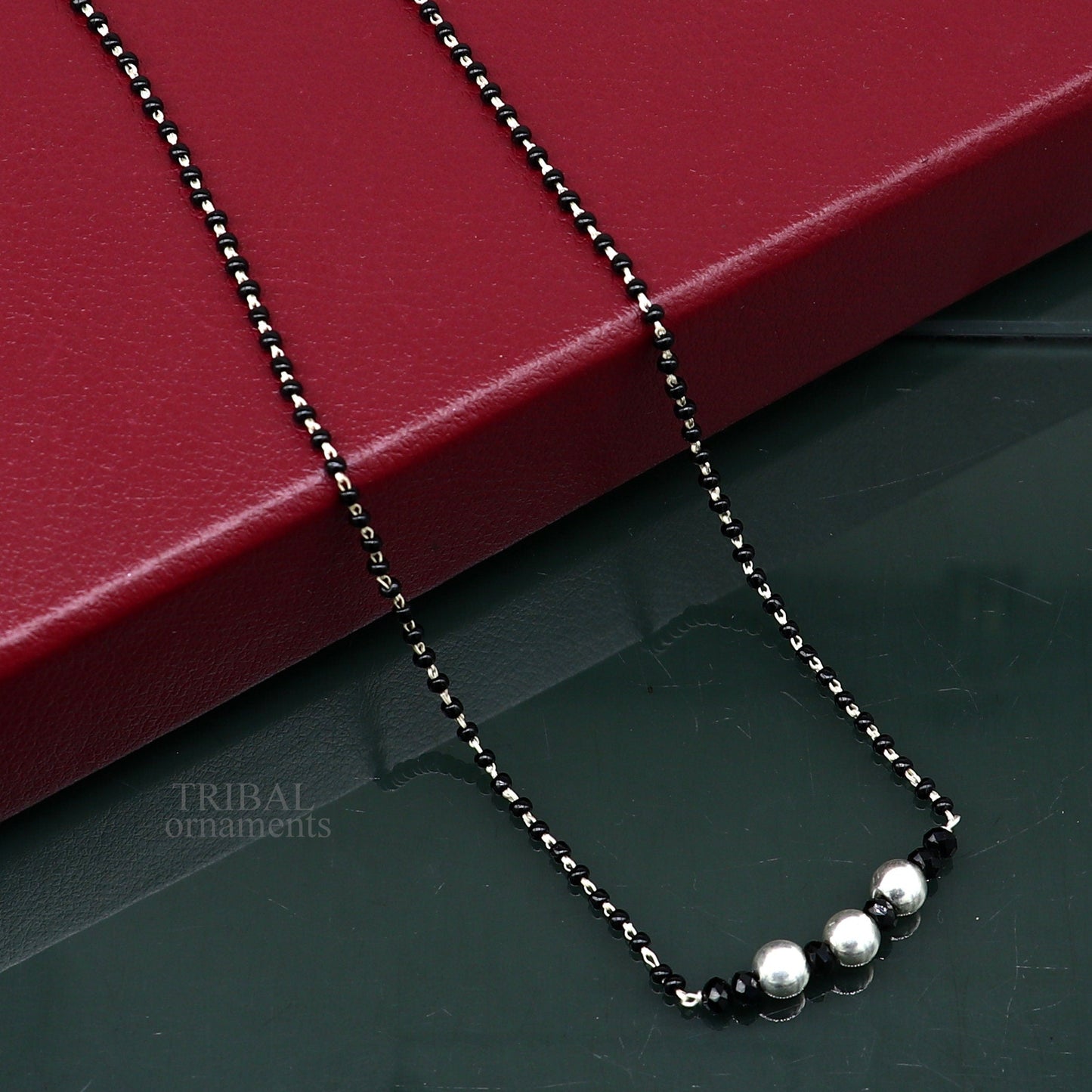 Elegant 925 sterling silver black beads chain necklace, gorgeous small silver bead design pendant, Mangalsutra chain beaded necklace set325 - TRIBAL ORNAMENTS
