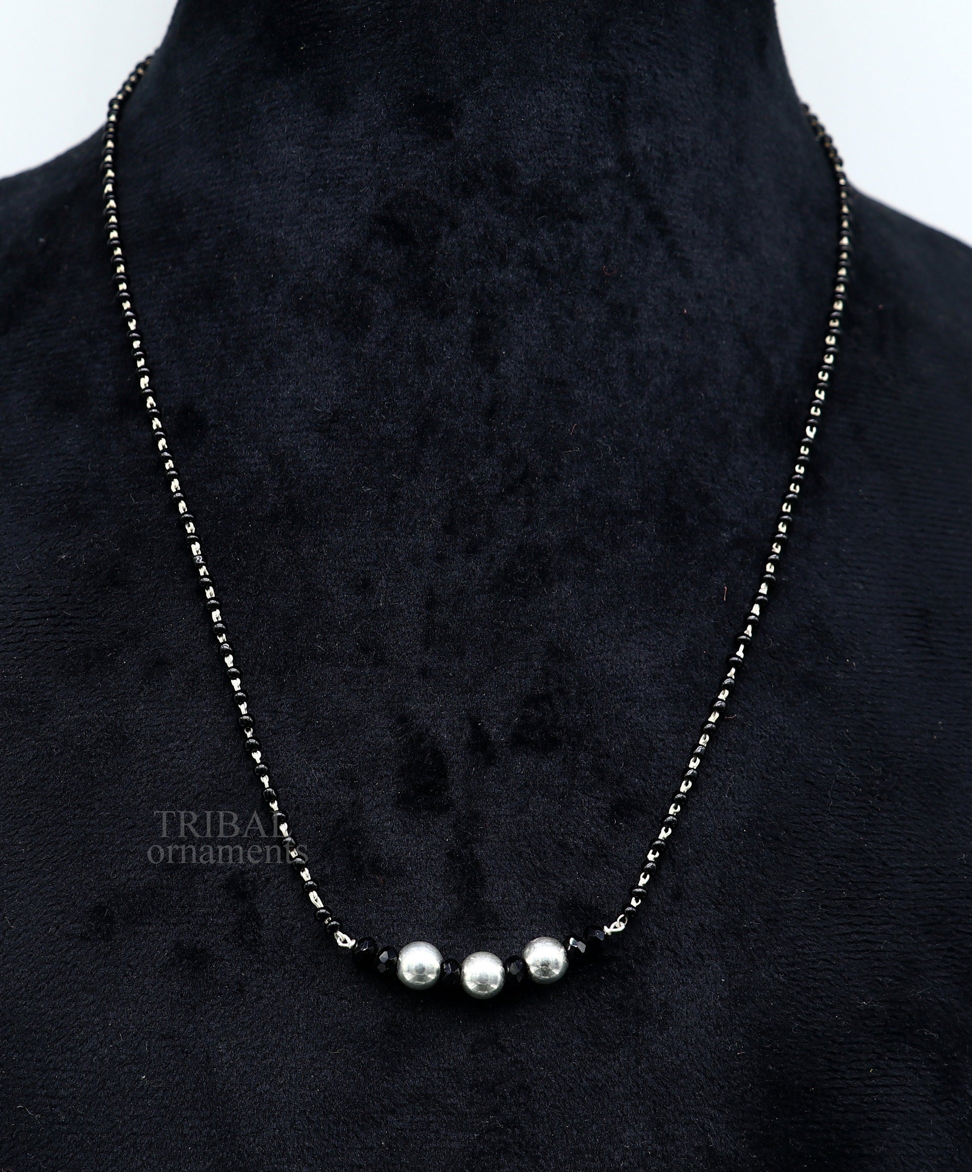 Elegant 925 sterling silver black beads chain necklace, gorgeous small silver bead design pendant, Mangalsutra chain beaded necklace set325 - TRIBAL ORNAMENTS