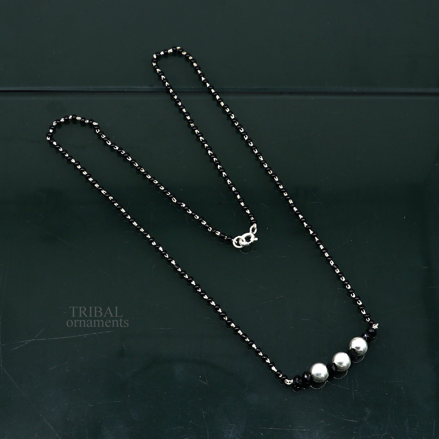 Elegant 925 sterling silver black beads chain necklace, gorgeous small silver bead design pendant, Mangalsutra chain beaded necklace set325 - TRIBAL ORNAMENTS