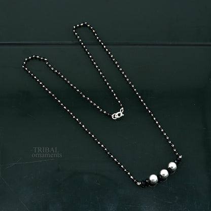 Elegant 925 sterling silver black beads chain necklace, gorgeous small silver bead design pendant, Mangalsutra chain beaded necklace set325 - TRIBAL ORNAMENTS