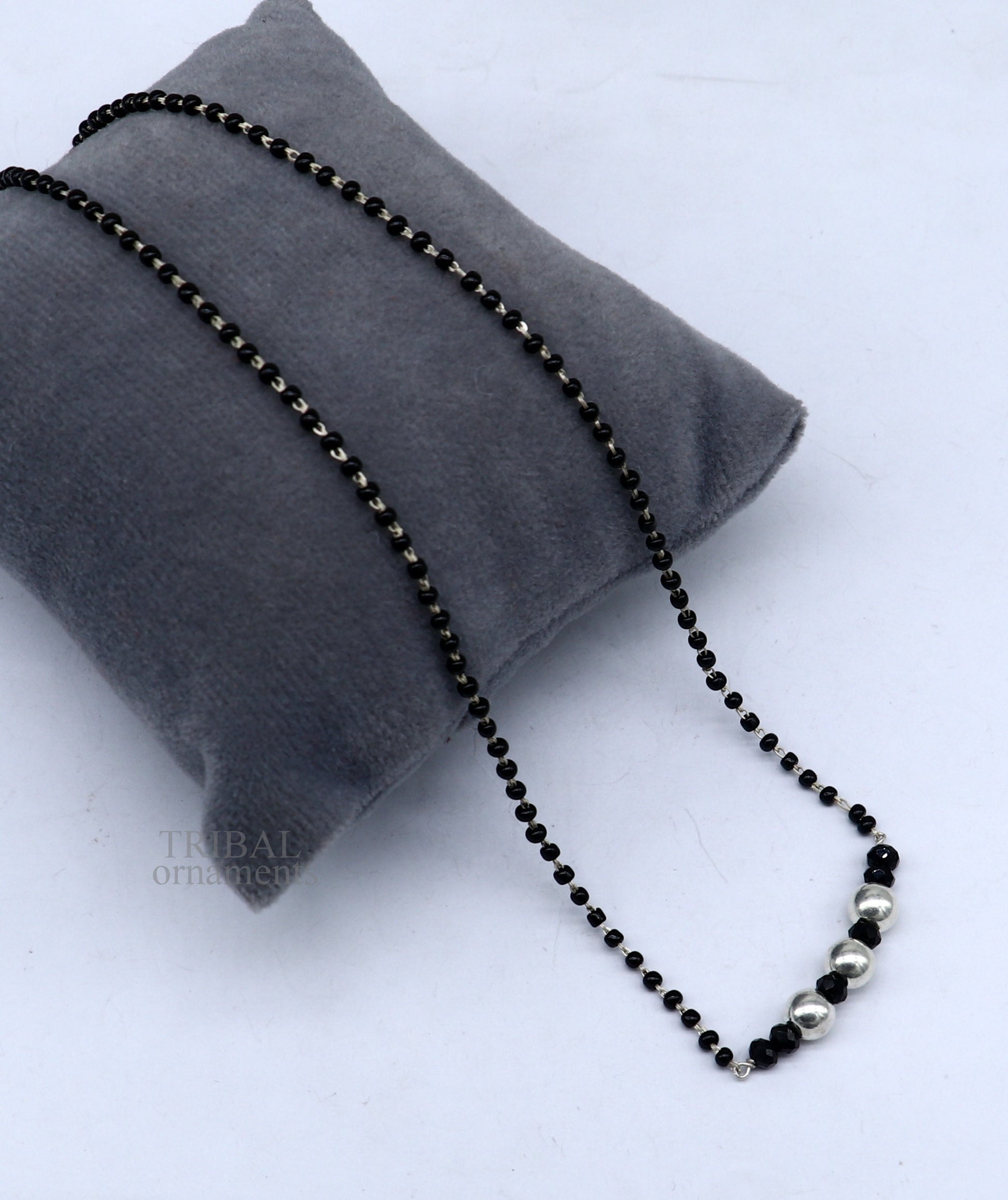 Elegant 925 sterling silver black beads chain necklace, gorgeous small silver bead design pendant, Mangalsutra chain beaded necklace set325 - TRIBAL ORNAMENTS