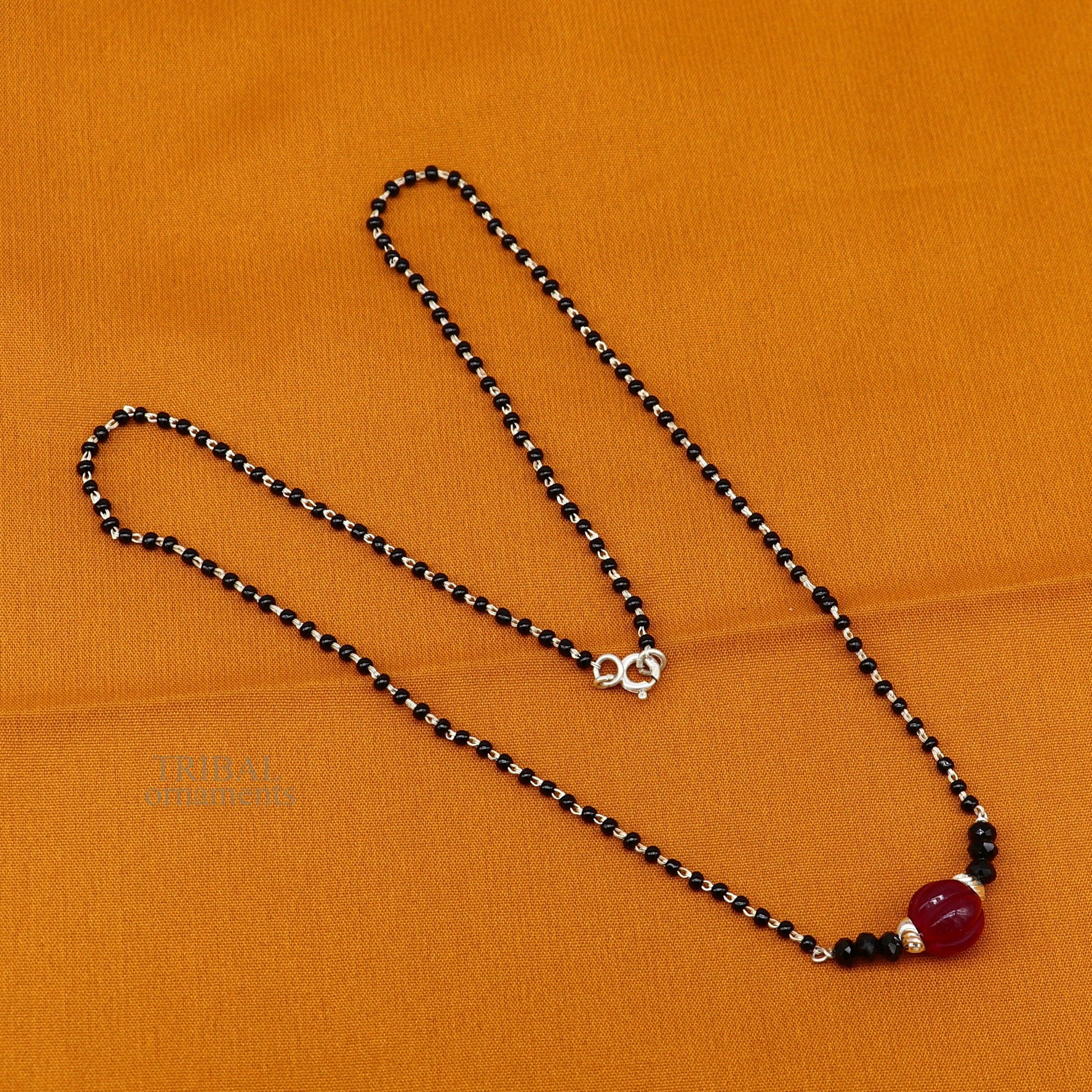 Elegant 925 sterling silver black beads chain necklace, gorgeous small stone design pendant, Mangalsutra chain beaded necklace set326 - TRIBAL ORNAMENTS