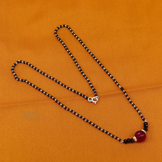 Elegant 925 sterling silver black beads chain necklace, gorgeous small stone design pendant, Mangalsutra chain beaded necklace set326 - TRIBAL ORNAMENTS