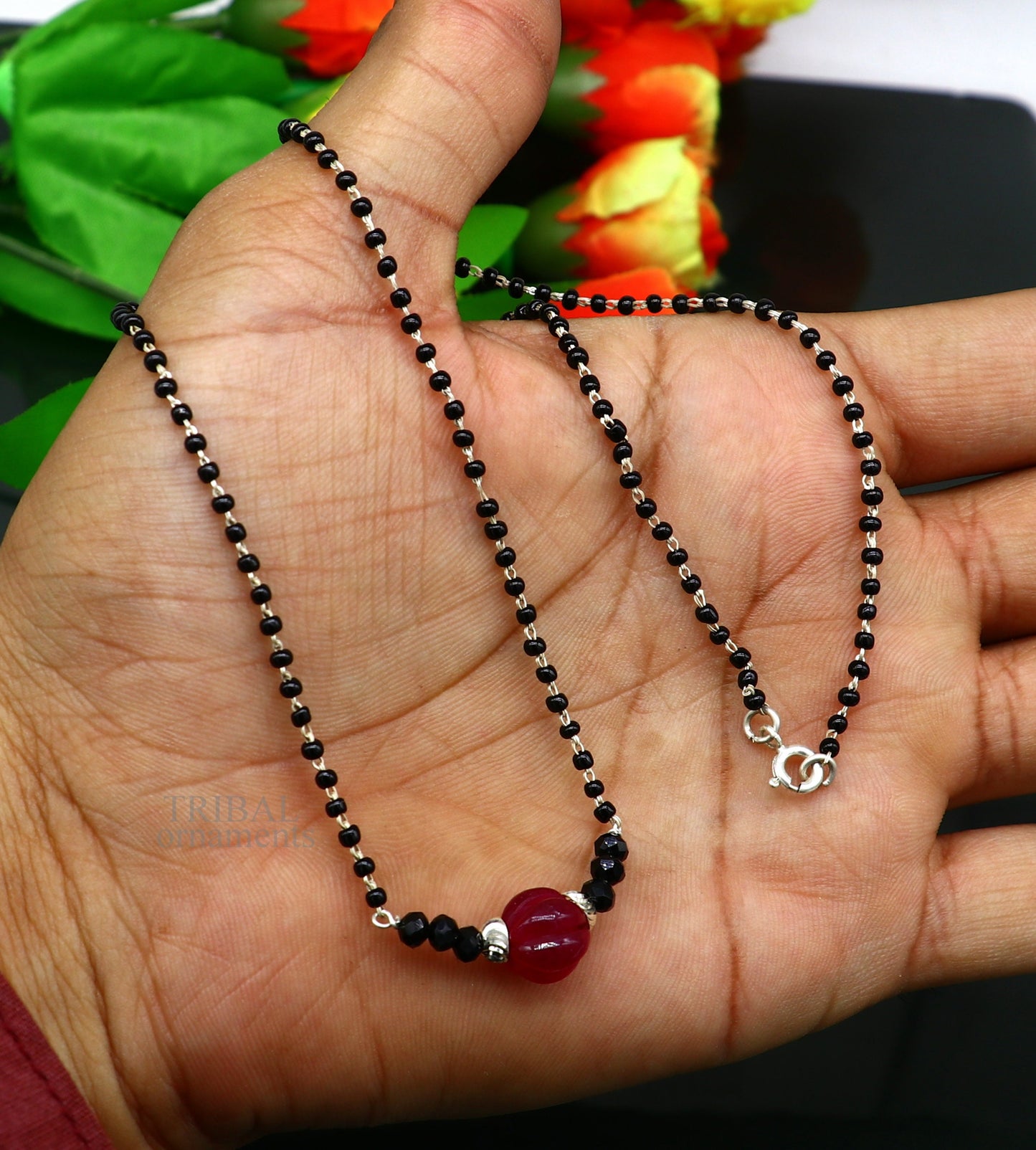 Elegant 925 sterling silver black beads chain necklace, gorgeous small stone design pendant, Mangalsutra chain beaded necklace set326 - TRIBAL ORNAMENTS