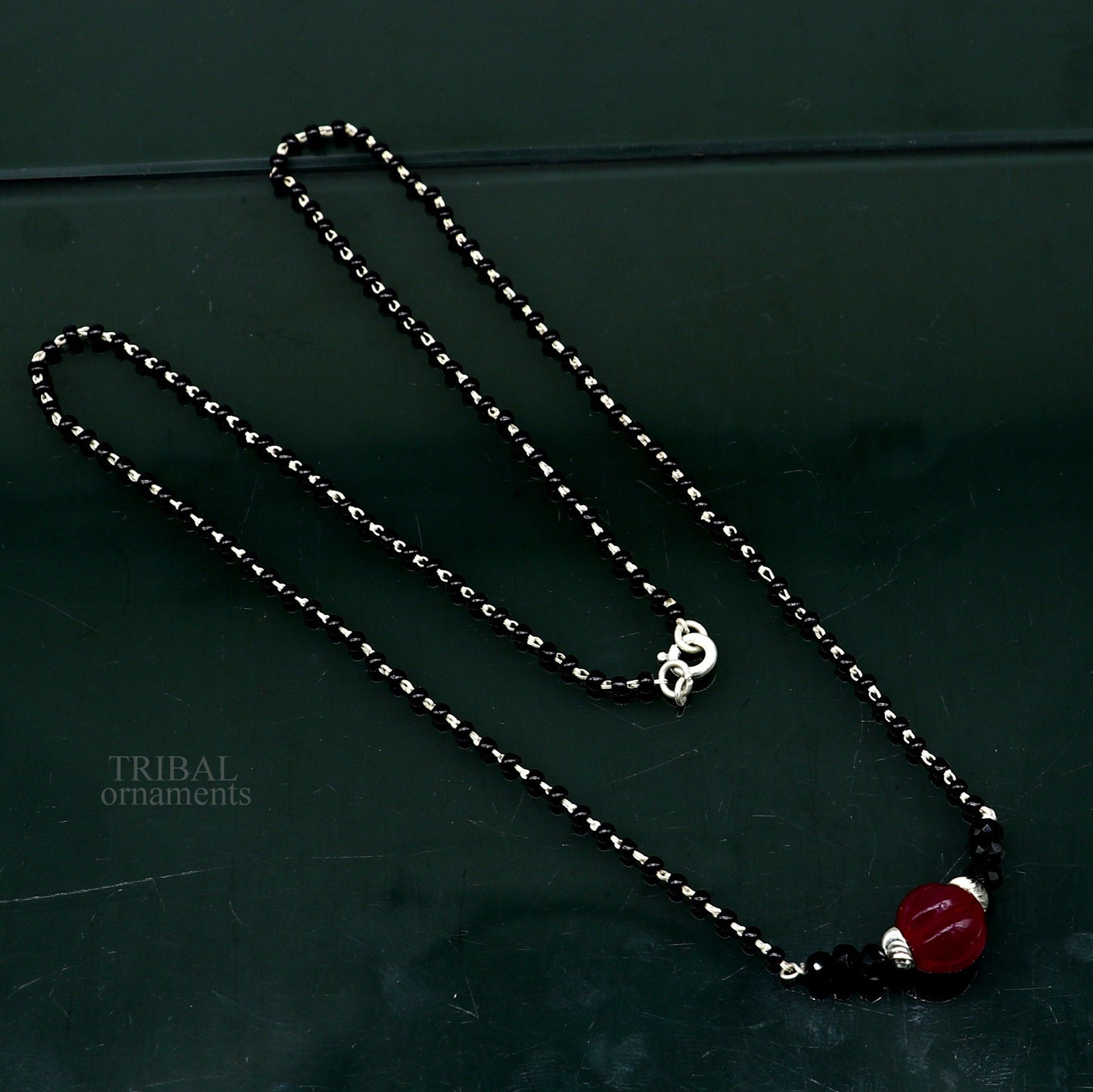 Elegant 925 sterling silver black beads chain necklace, gorgeous small stone design pendant, Mangalsutra chain beaded necklace set326 - TRIBAL ORNAMENTS