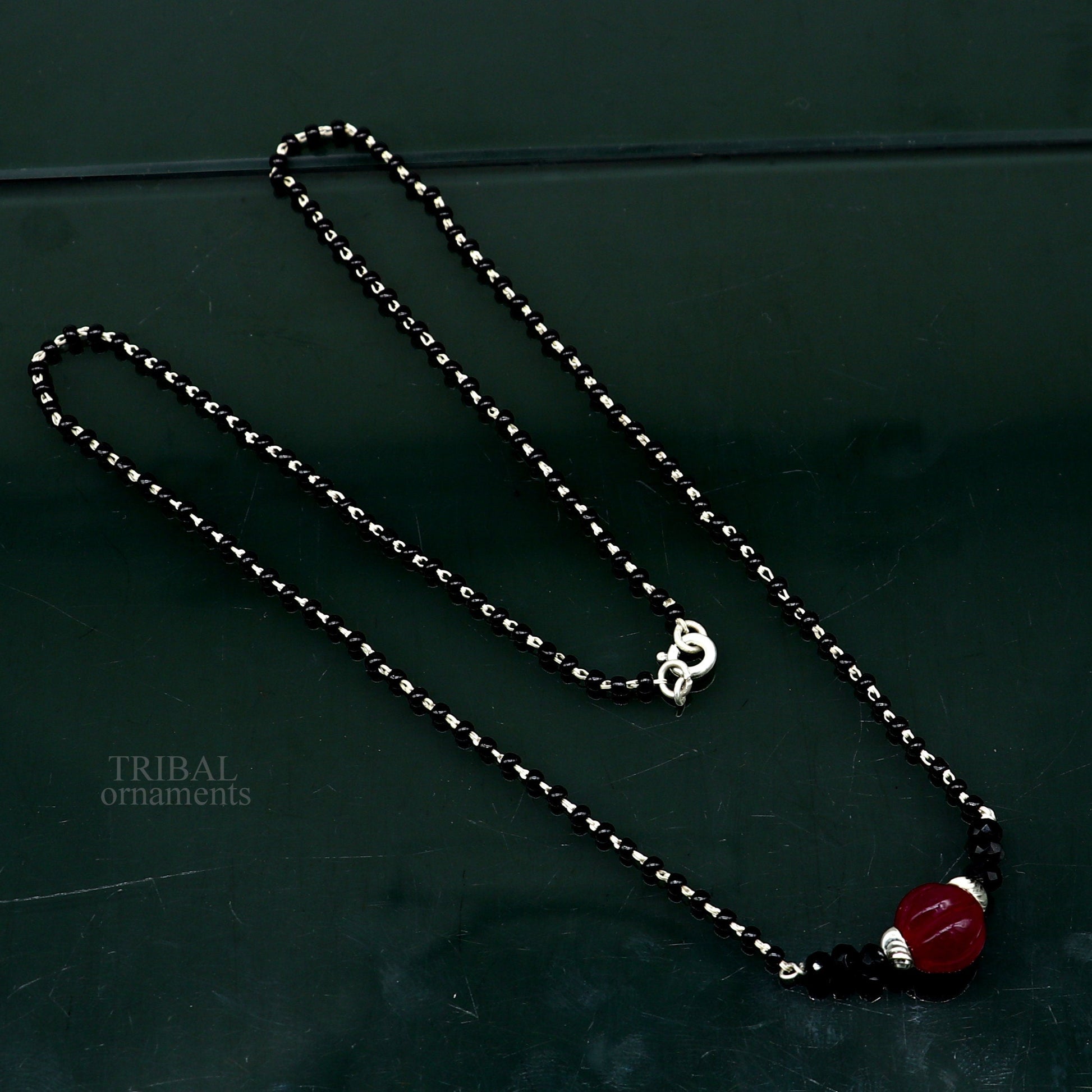 Elegant 925 sterling silver black beads chain necklace, gorgeous small stone design pendant, Mangalsutra chain beaded necklace set326 - TRIBAL ORNAMENTS