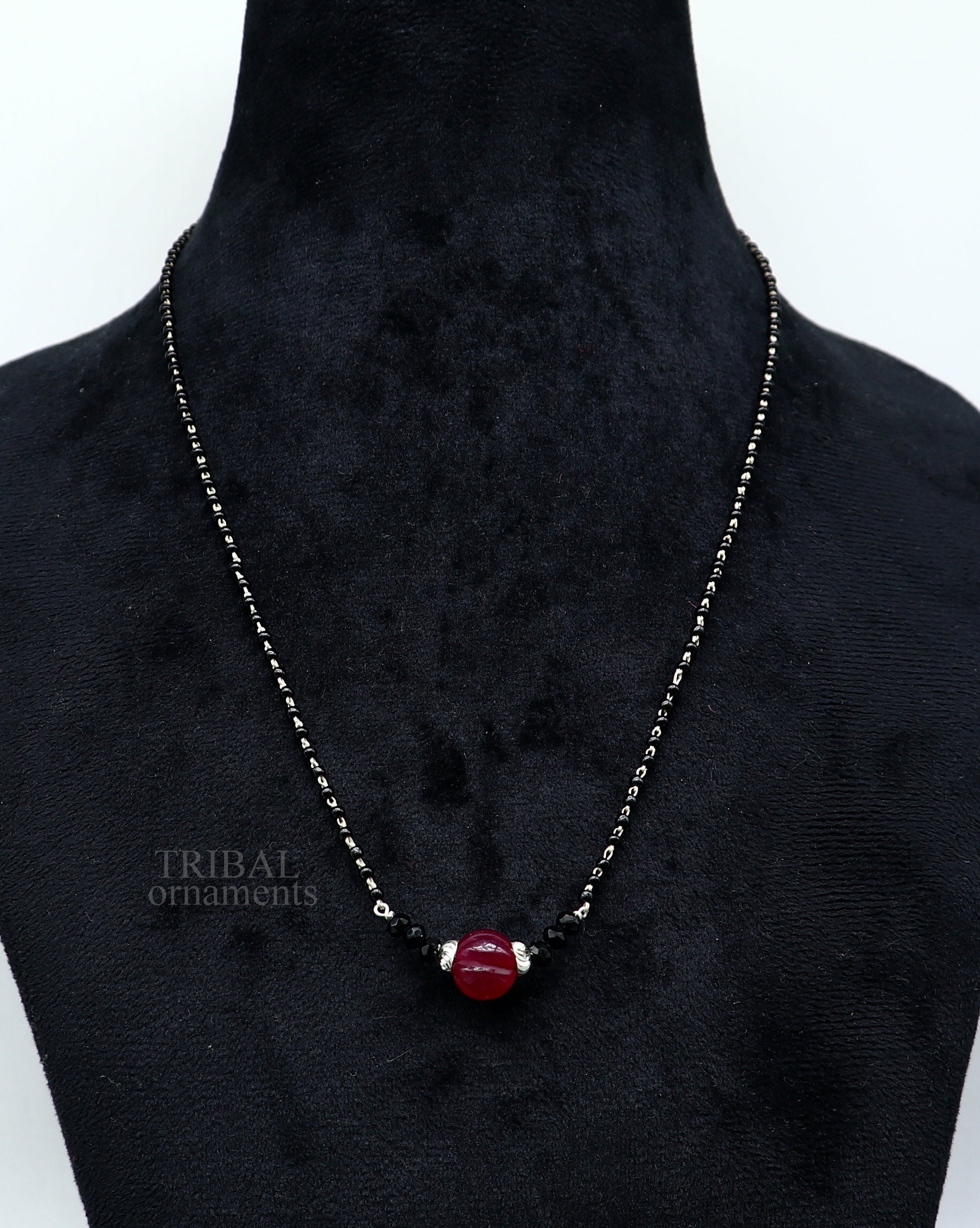 Elegant 925 sterling silver black beads chain necklace, gorgeous small stone design pendant, Mangalsutra chain beaded necklace set326 - TRIBAL ORNAMENTS