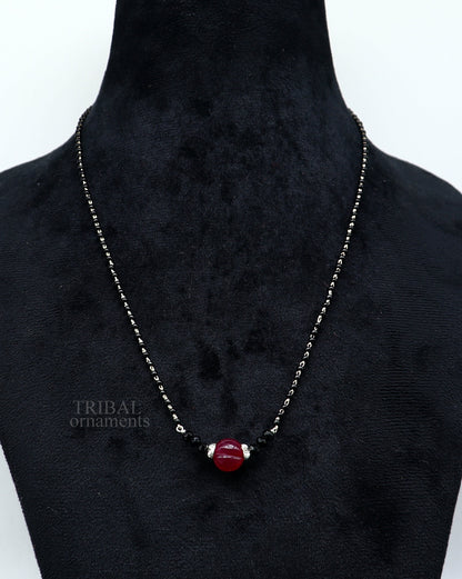 Elegant 925 sterling silver black beads chain necklace, gorgeous small stone design pendant, Mangalsutra chain beaded necklace set326 - TRIBAL ORNAMENTS
