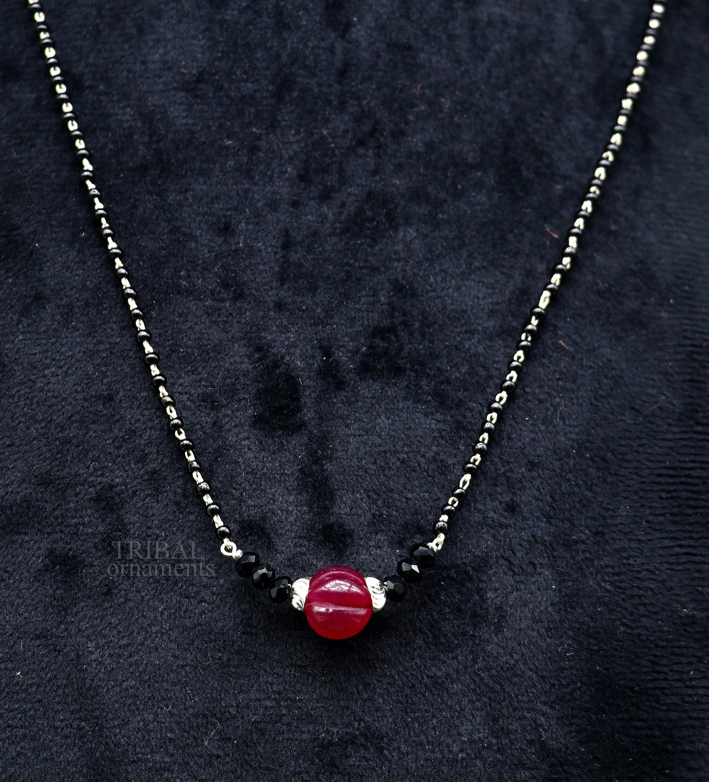 Elegant 925 sterling silver black beads chain necklace, gorgeous small stone design pendant, Mangalsutra chain beaded necklace set326 - TRIBAL ORNAMENTS