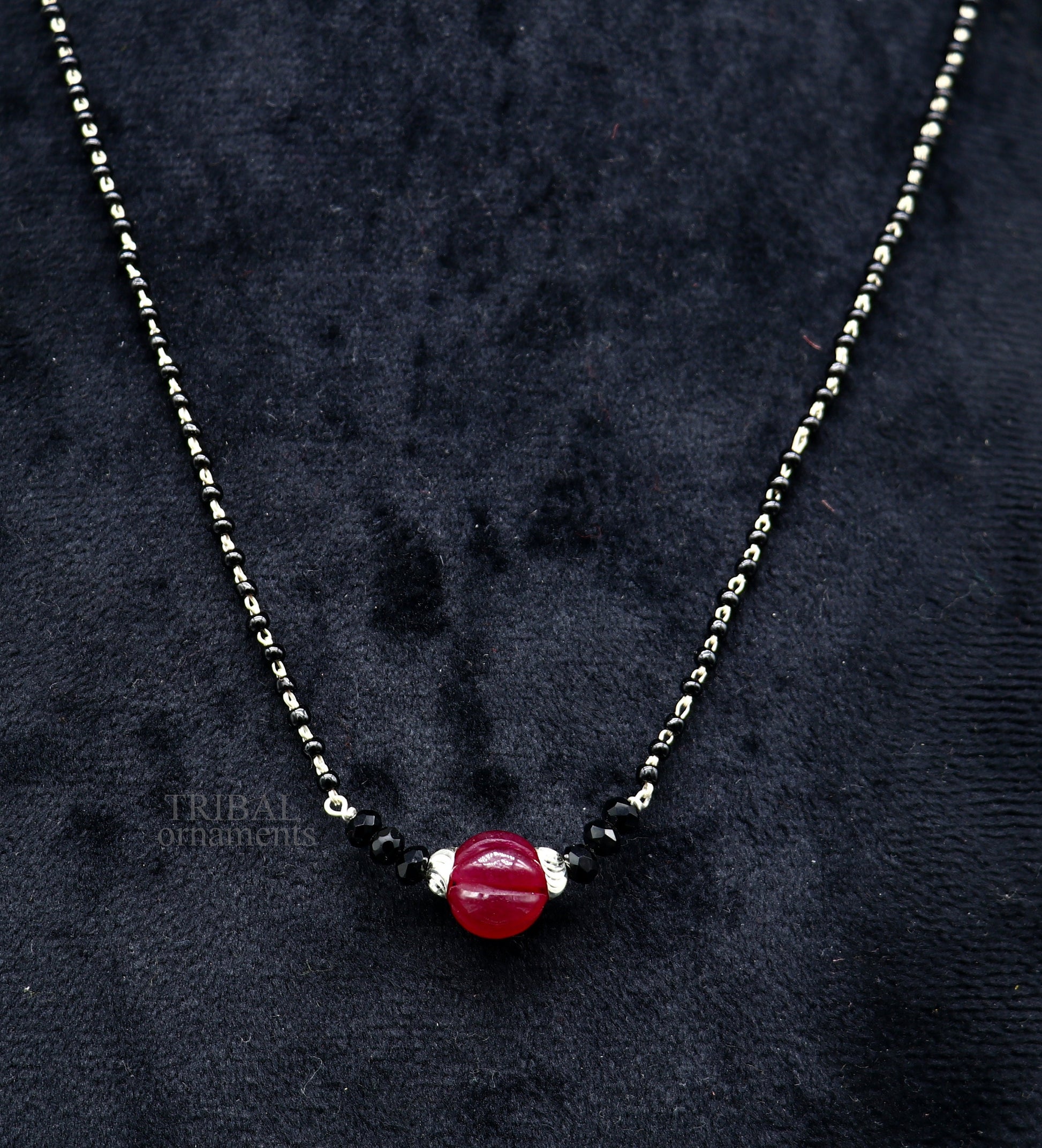 Elegant 925 sterling silver black beads chain necklace, gorgeous small stone design pendant, Mangalsutra chain beaded necklace set326 - TRIBAL ORNAMENTS