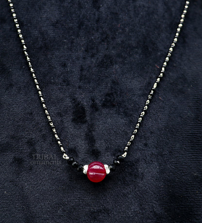 Elegant 925 sterling silver black beads chain necklace, gorgeous small stone design pendant, Mangalsutra chain beaded necklace set326 - TRIBAL ORNAMENTS