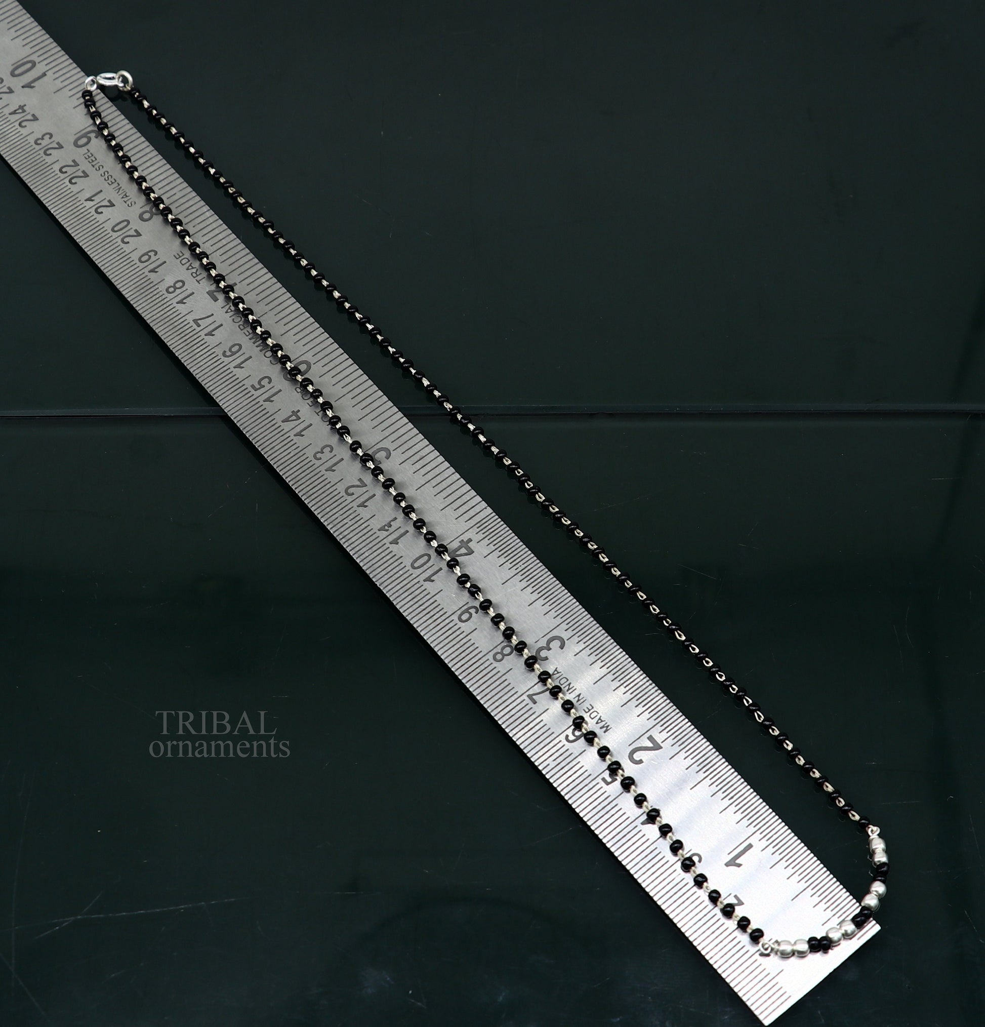 Elegant 925 sterling silver black beads chain necklace, gorgeous small stone design pendant, Mangalsutra chain beaded necklace set327 - TRIBAL ORNAMENTS