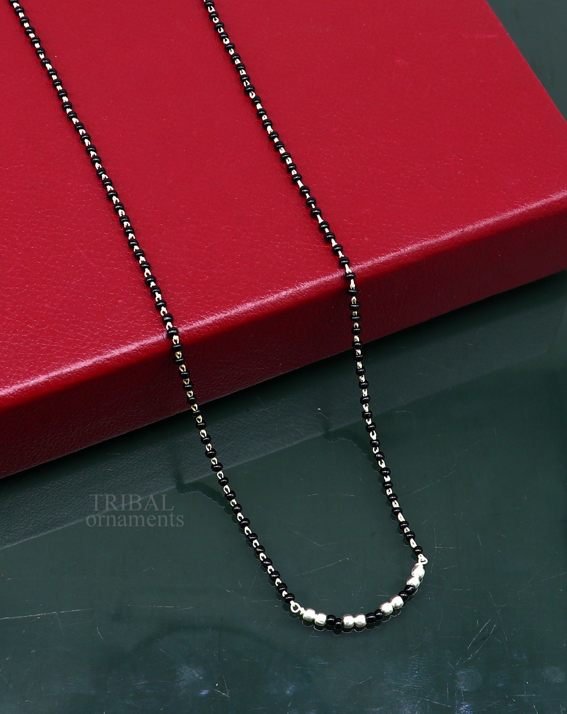 Elegant 925 sterling silver black beads chain necklace, gorgeous small stone design pendant, Mangalsutra chain beaded necklace set327 - TRIBAL ORNAMENTS