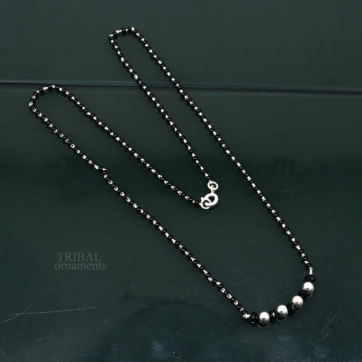 Elegant 925 sterling silver black beads chain necklace, gorgeous small stone design pendant, Mangalsutra chain beaded necklace set328 - TRIBAL ORNAMENTS