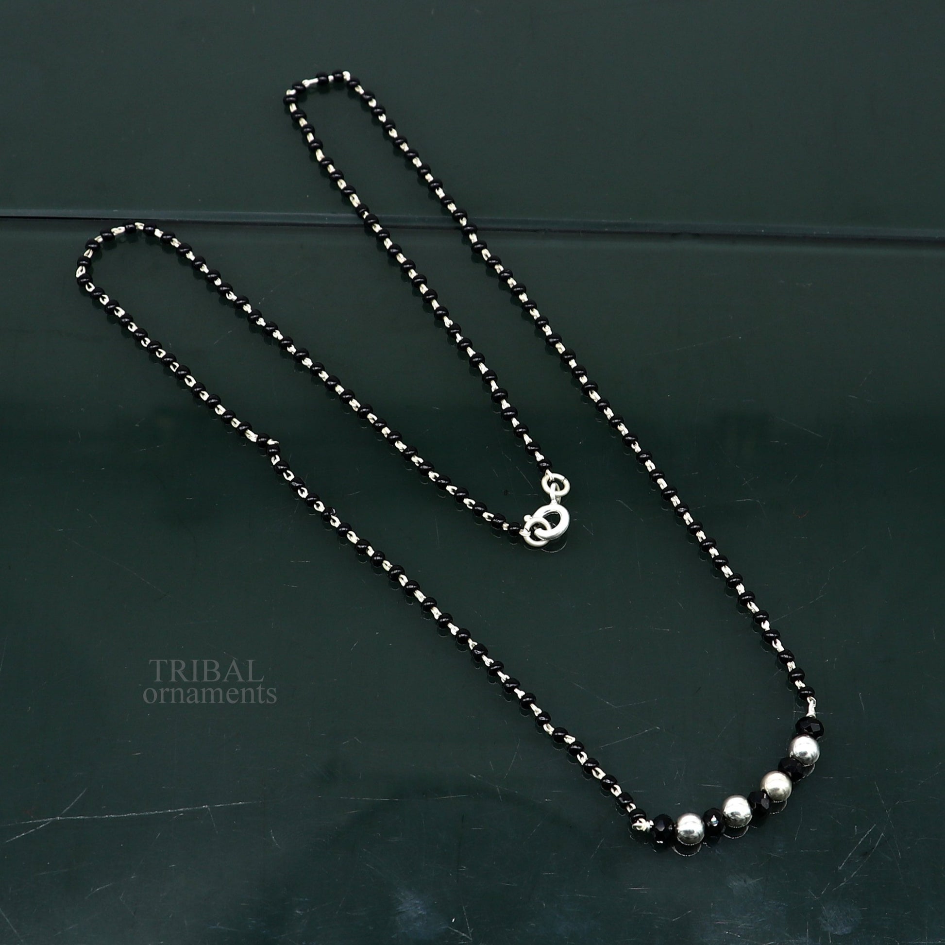 Elegant 925 sterling silver black beads chain necklace, gorgeous small stone design pendant, Mangalsutra chain beaded necklace set328 - TRIBAL ORNAMENTS