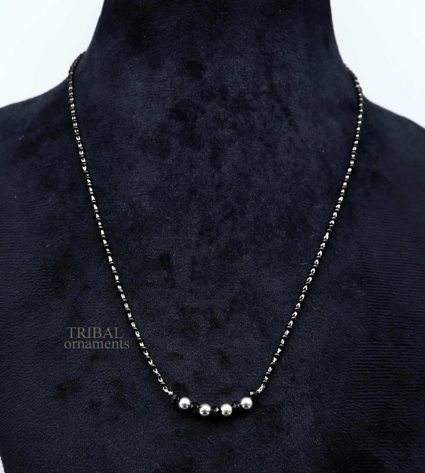 Elegant 925 sterling silver black beads chain necklace, gorgeous small stone design pendant, Mangalsutra chain beaded necklace set328 - TRIBAL ORNAMENTS