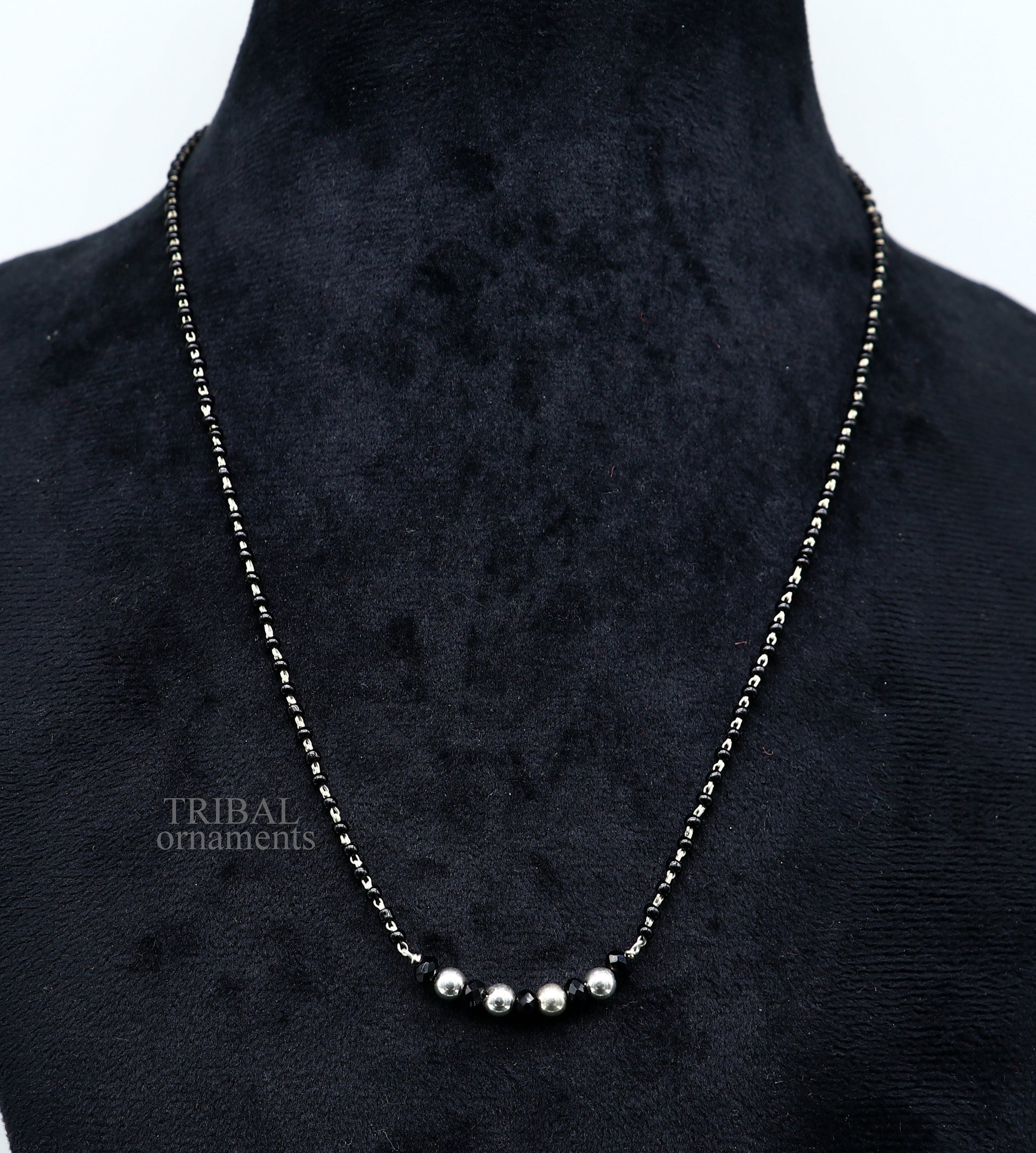 Elegant 925 sterling silver black beads chain necklace, gorgeous small stone design pendant, Mangalsutra chain beaded necklace set328 - TRIBAL ORNAMENTS
