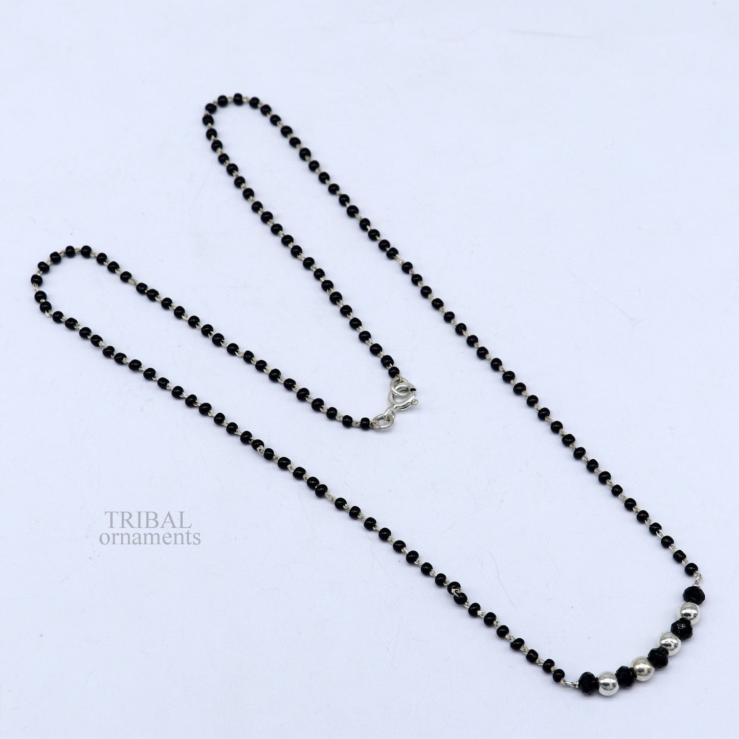Elegant 925 sterling silver black beads chain necklace, gorgeous small stone design pendant, Mangalsutra chain beaded necklace set328 - TRIBAL ORNAMENTS