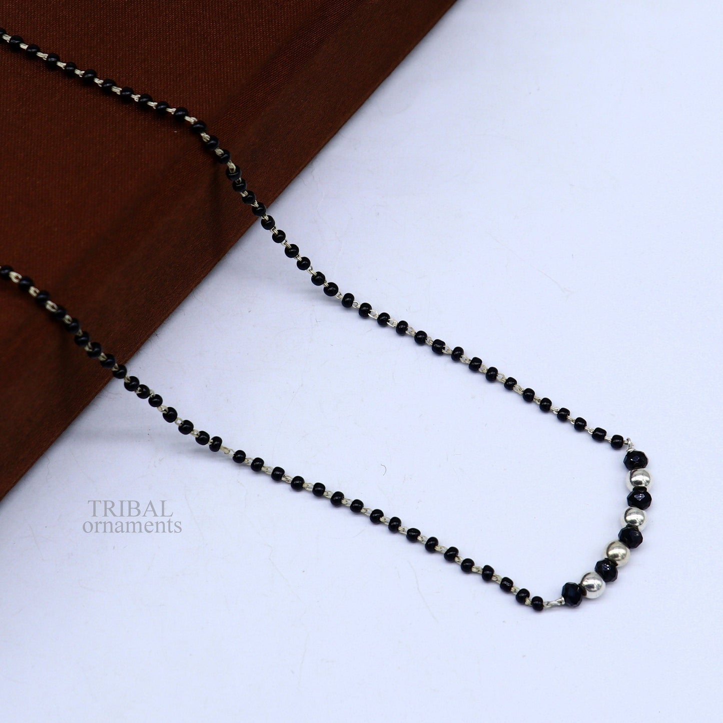 Elegant 925 sterling silver black beads chain necklace, gorgeous small stone design pendant, Mangalsutra chain beaded necklace set328 - TRIBAL ORNAMENTS