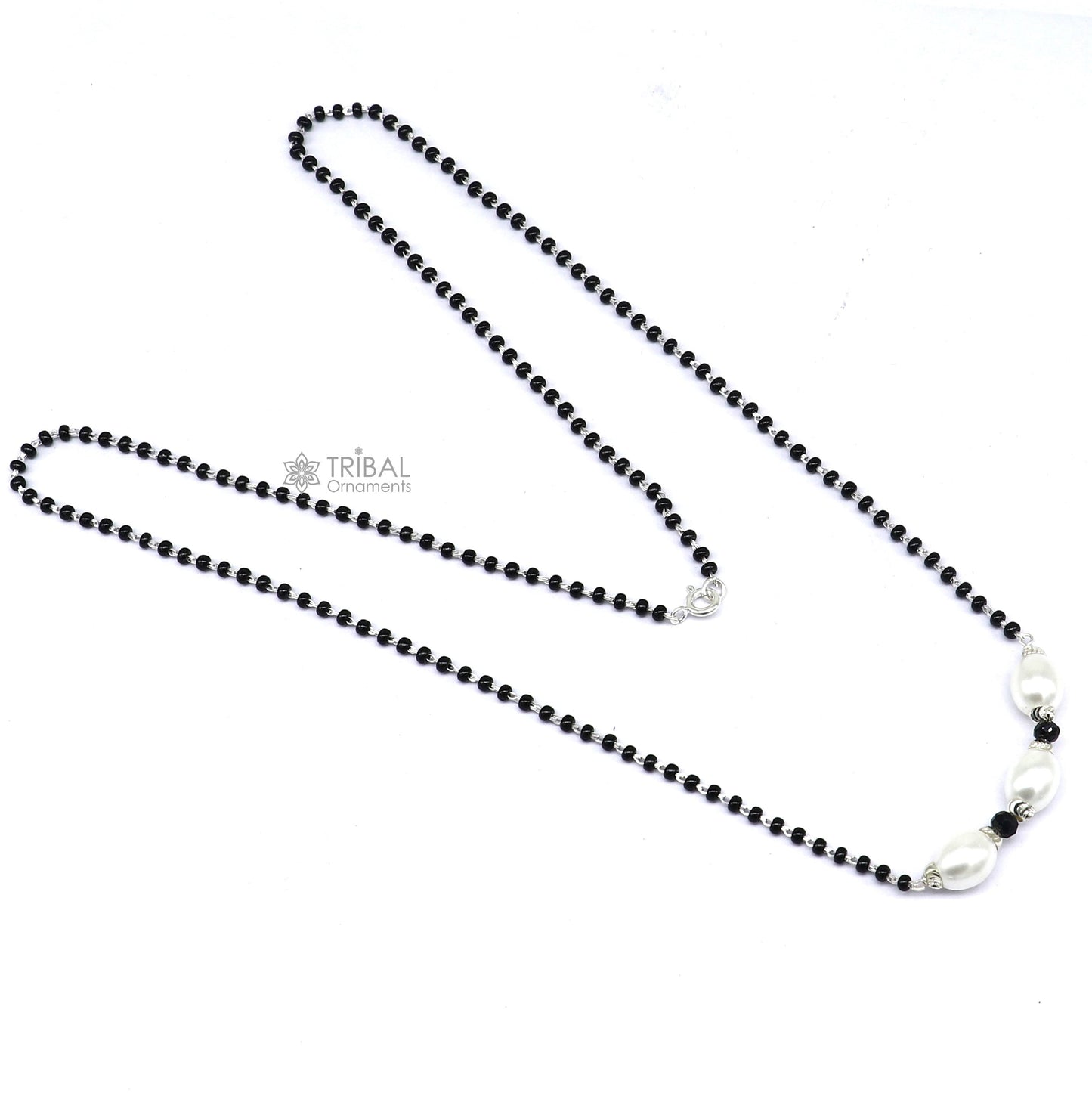 Elegant 925 sterling silver black beads chain necklace, gorgeous small stone design pendant, Mangalsutra chain beaded necklace set639 - TRIBAL ORNAMENTS